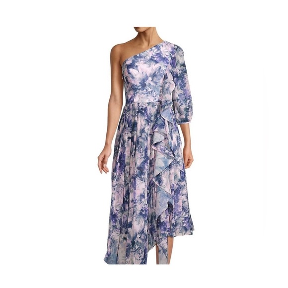 Kay Unger Dress NWT Size 8 Kaylee Floral One Shoulder Ruffle Midi Dress - Picture 3 of 15